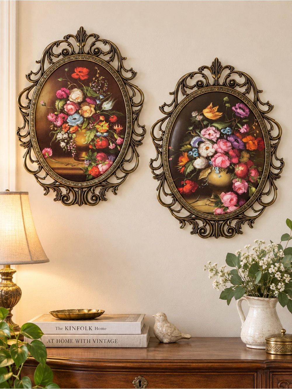 Vintage Italian Ornate Brass Filigree Floral Wall Art Pair Convex Bubble Glass